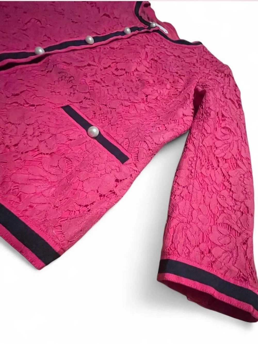 RSVP by Talbots Pink Floral Lace Blazer with Black Trim and Pearl Buttons